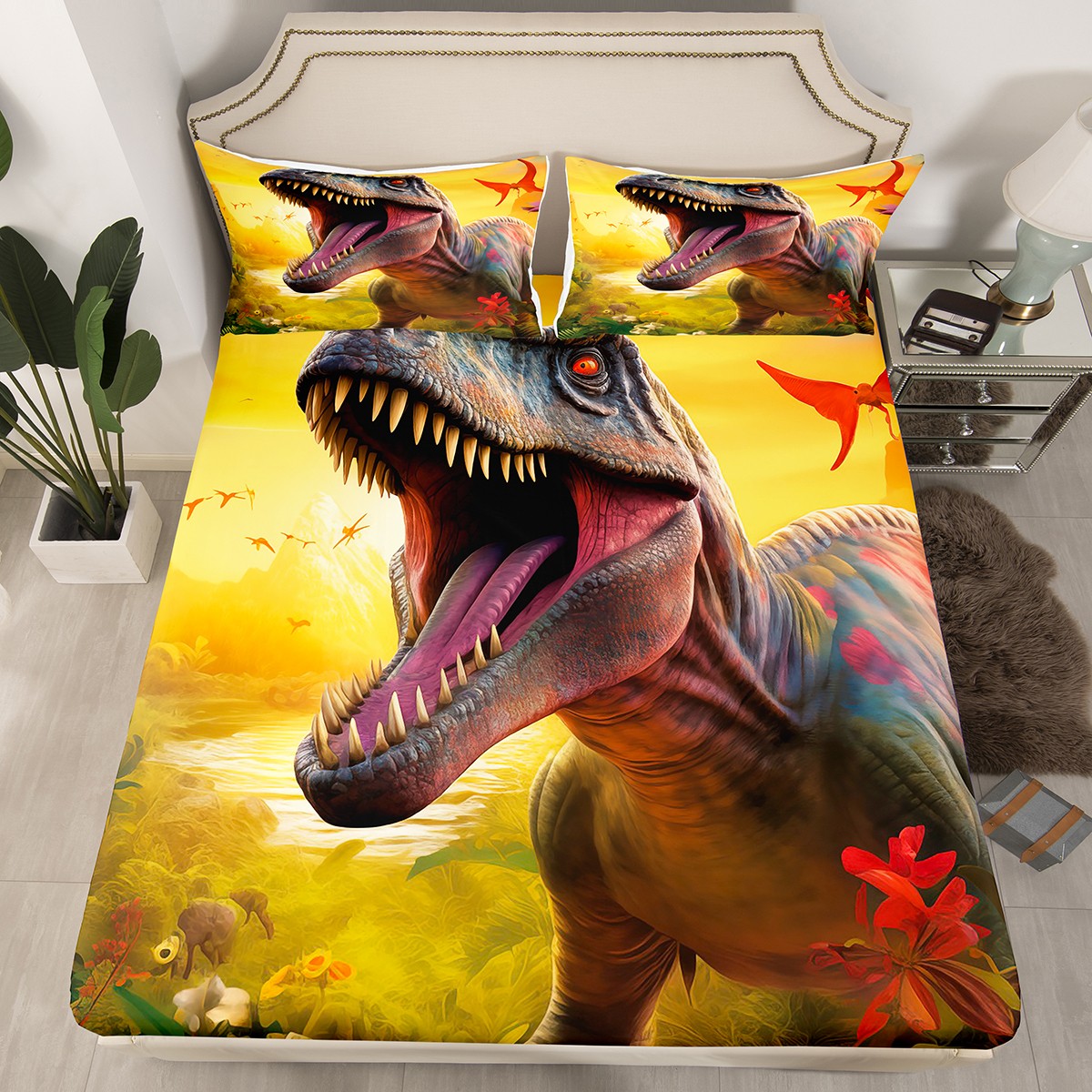 YST Dinosaur Full Sheets Kids Dino Bed Set for Child Boys Girls Jungle Dino Bed Sheets Set Tyrannosaurus Rex Sheet Set 3D Animal Bedding Set Yellow Gray 4pcs Walmart