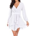 thumbnail image 6 of Aiyino Women's Dress Deep V-Neck Long Sleeve Waist Tie Ruffle Mini Swing Skater Dresses,White, 6 of 7