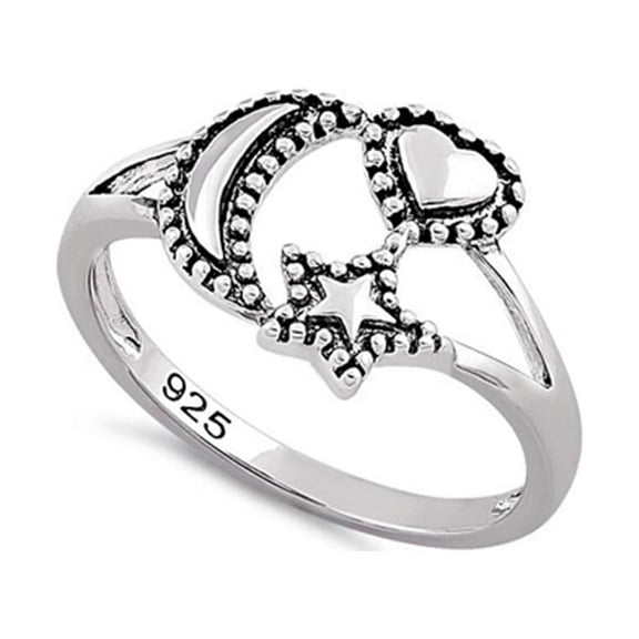 925 Sterling Silver Oxidized Platinum Plated Moon Star Heart Women Valentines Day Gifts Ring