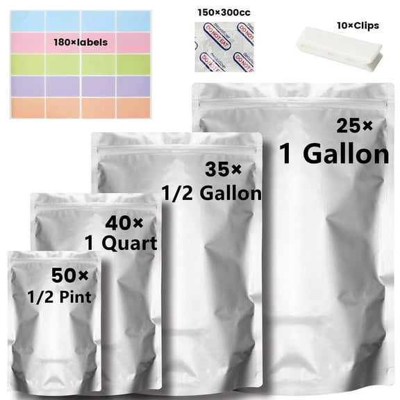 GoXteam 9 Mil 150 Pack Mylar Bags 1 Gallon, 1/2 Gallon, 1 Quart, 1/2 Pint, 4 Size, 180Pcs Labels and 300cc Oxygen Absorbers for Long Term Food Storage