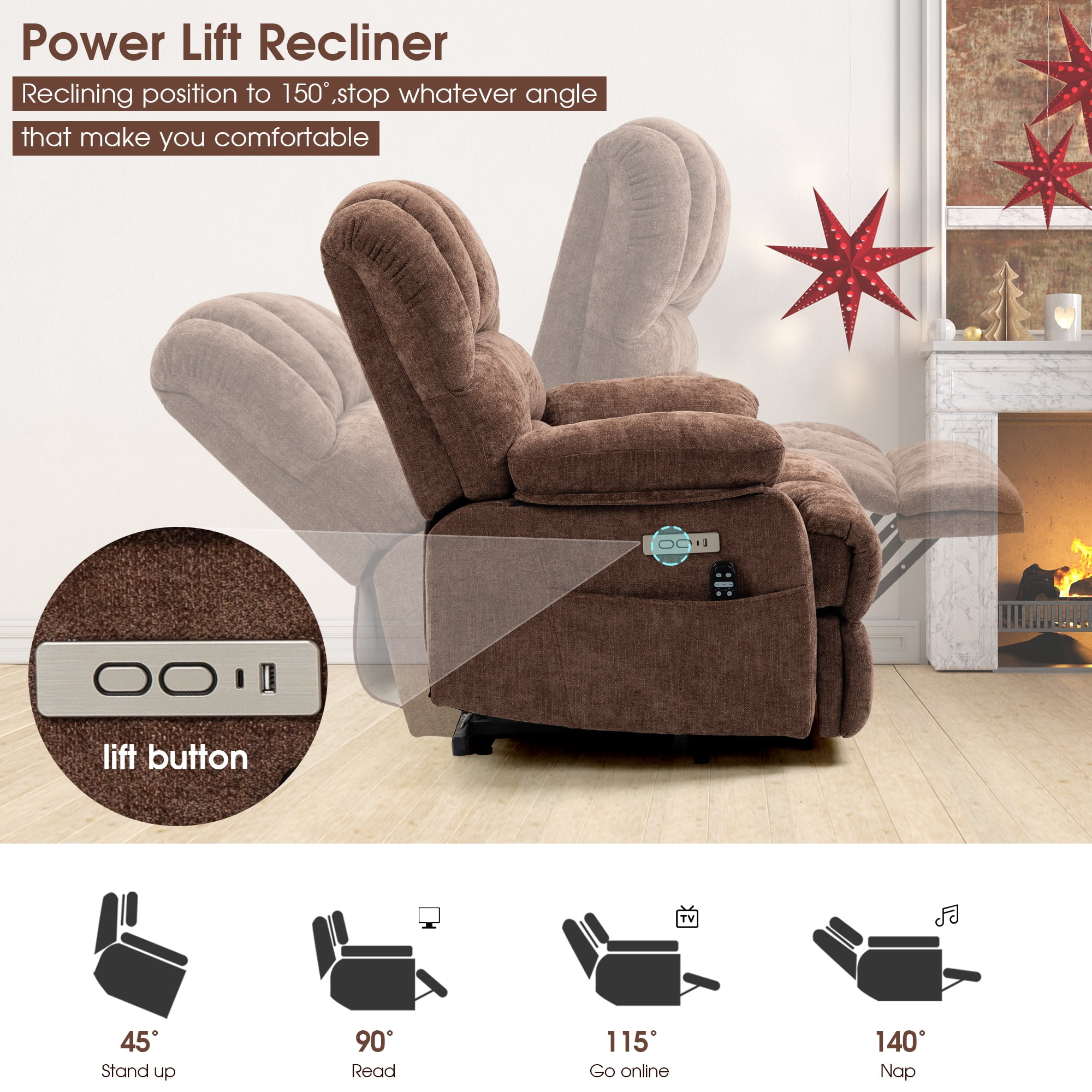 BedLuxury Power Lift Recliner Chair for Living Room,Extra Wide Recliner Massage Chair for Big and Tall People with Heated,USB Charge Port,Infinite Position(Brown)