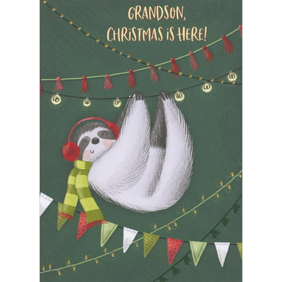 Designer Greetings Cute Sloth Hanging from Light String on Dark Green Juvenile Christmas Card for Grandson
