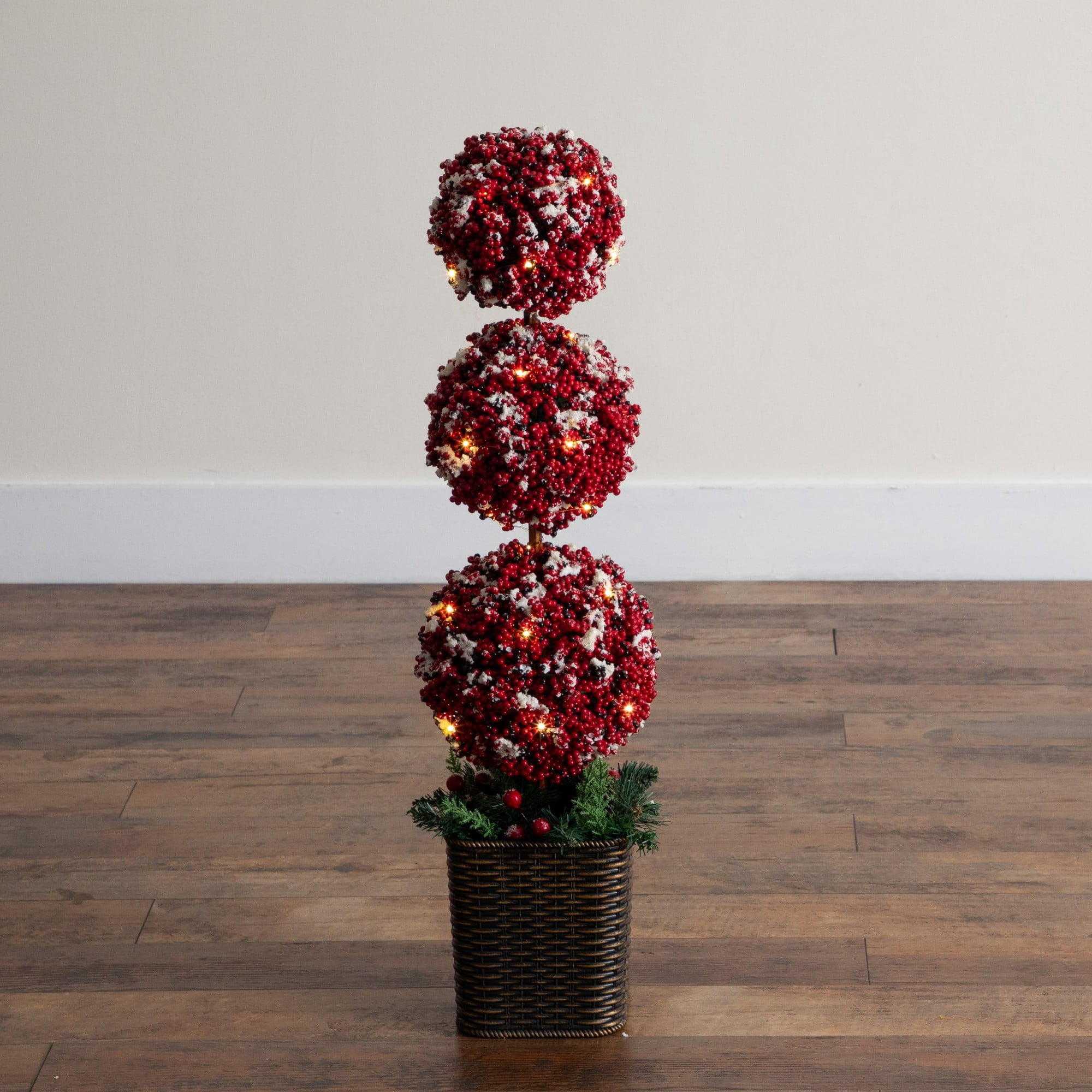 31in. Artificial Christmas Snowed Holly Berry Triple Ball Topiary Tree with 45 LED Lights in Decorative Planter