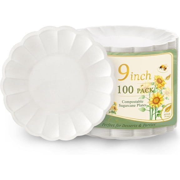 100 Pack Dinner Plates 9 Inch Paper Plates- Compostable Bagasse Party Plates for Wedding, BBQ,Picnic,Birthday,Baby Shower-100% Compostable Bagasse