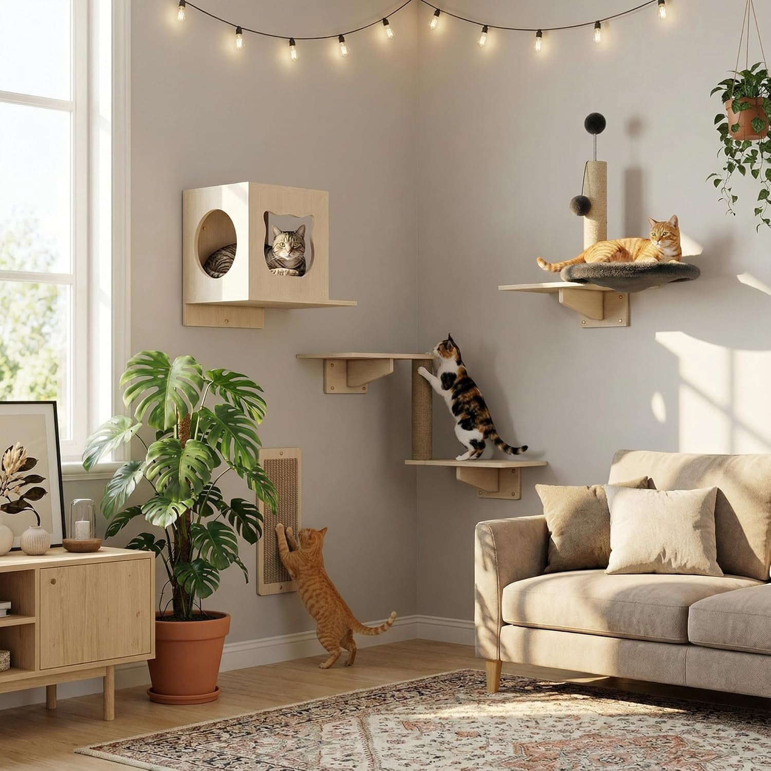 Cakhdry  Wall Shelves Wooden Multi-Level Climbing Furniture with Sisal Scratcher Perches Bed Ball Space Saving Wall Mounted for