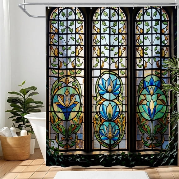 SPXUBZ 72x72 Inch Stained Glass Floral Shower Curtain Set with Hooks, Waterproof Washable Polyester Fabric Bath Curtains for Bathroom Decor