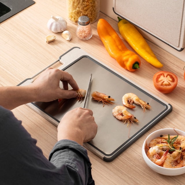 Double-Sided Stainless Steel Cutting Board, Reversible Chopping Block With Built-In Juice Groove and Non-Slip Border, for Meat and Vegetable Preparation, A