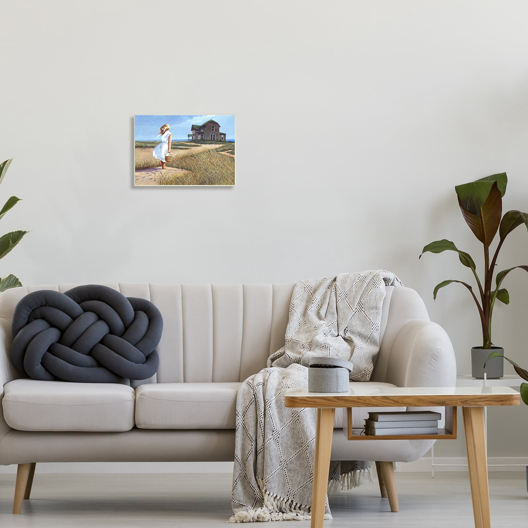 Stupell Industries Woman Standing Windswept Breeze Distant Beach House Painting Unframed Art Print Wall Art, Design by Tom Mielko