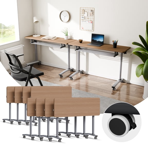 8PCS Folding Conference Table with Wheels 47.2"L X15.7"W X29.5"H Maple Mobile Narrow Training Tables for Office
