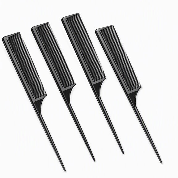 stcellnmex 4 Packs 9 Inch Rat Tail Comb Fine Tooth Parting Comb Carbon Fiber Heat Resistant with Plastic Pick for Hair Styling Thin Lightweight Black