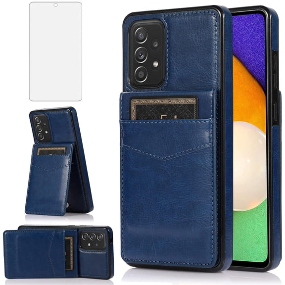 REQO Phone Case for Samsung Galaxy A53 5G 2022 with Tempered Glass Screen Protector Credit Card Holder Wallet Cover Stand Leather Cell Accessories Gaxaly A53 G5 Galaxies 53A SM A536U Women Men Blue