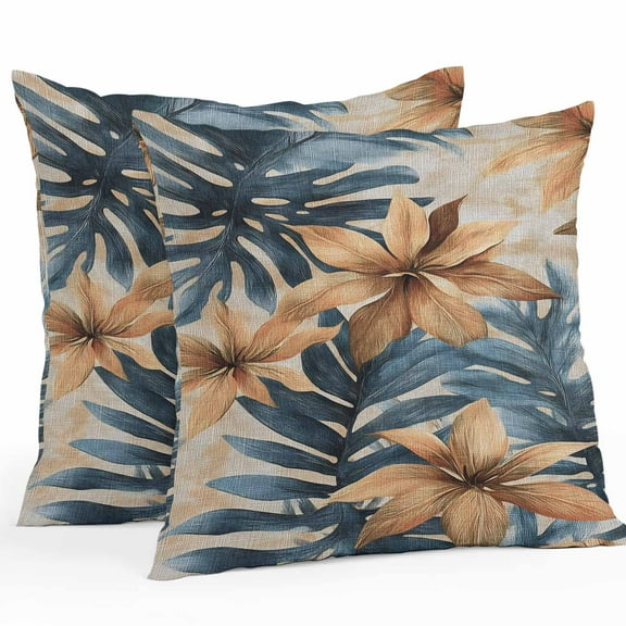 Waterproof Throw Pillow Covers Set of 2, 20x20 Inch Navy Blue Brown Decorative Pillowcases Outdoor Pillow Slip Cushion Covers Set for Couch Tent Tropical Palm Leaves Wildflower Botanical