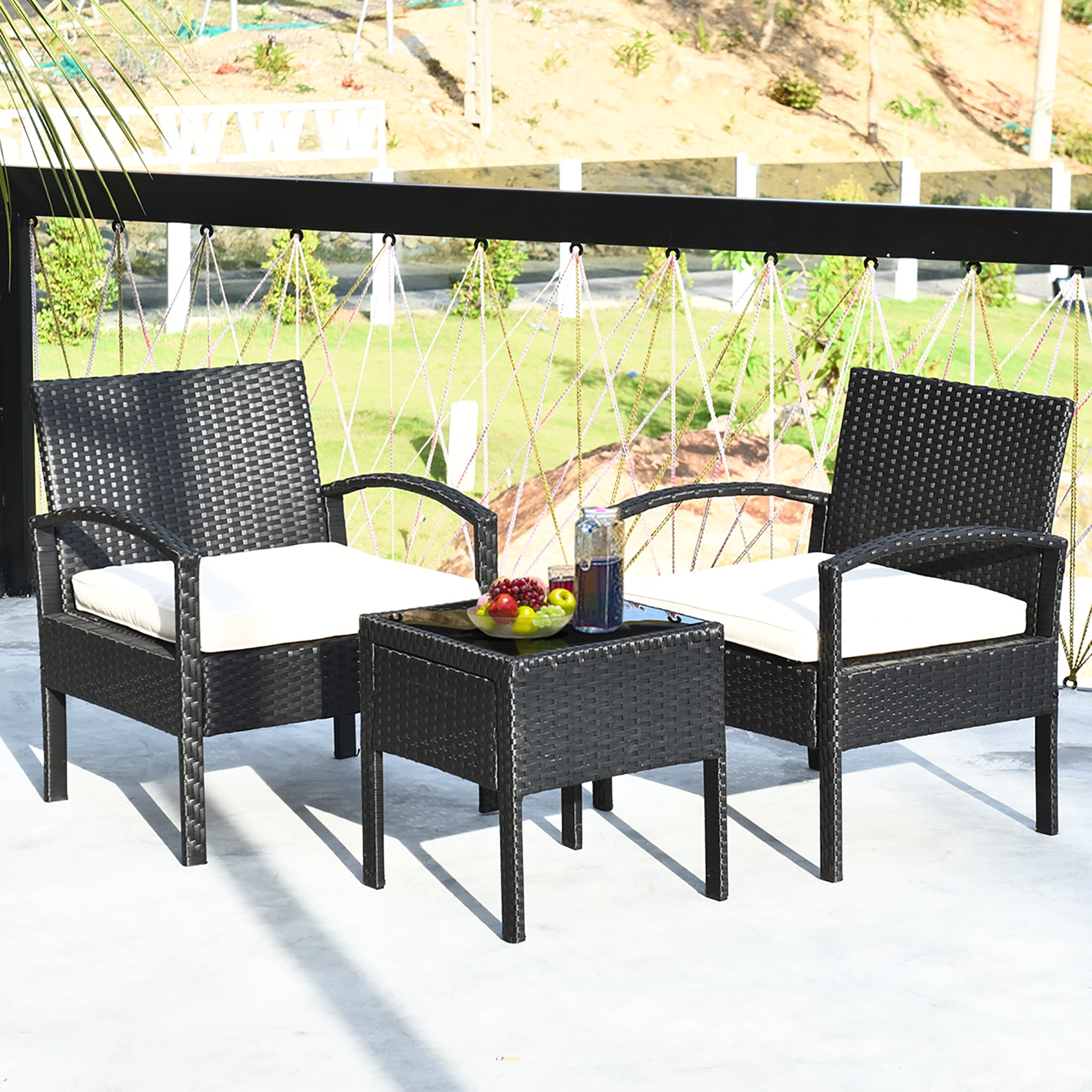 Costway 3 Pieces Patio Rattan Furniture Set Table Chairs With Cushions Outdoor Com - 3pc Rattan Garden Patio Furniture Set