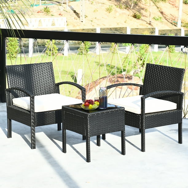 Costway 3 Pieces Patio Rattan Furniture Set Table Chairs With Cushions Outdoor Com - Where Is Rattan Furniture Made