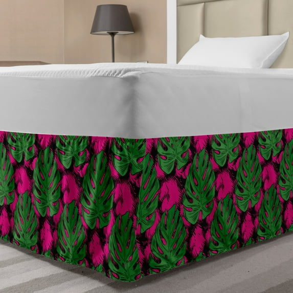 Tropical Bed Skirt, Big and Detailed Monstera Leaves Wild Exotic Concept, Elastic Bedskirt Dust Ruffle Wrap Around for Bedding Decor, 4 Sizes, Hot Pink Fern Green, by Ambesonne