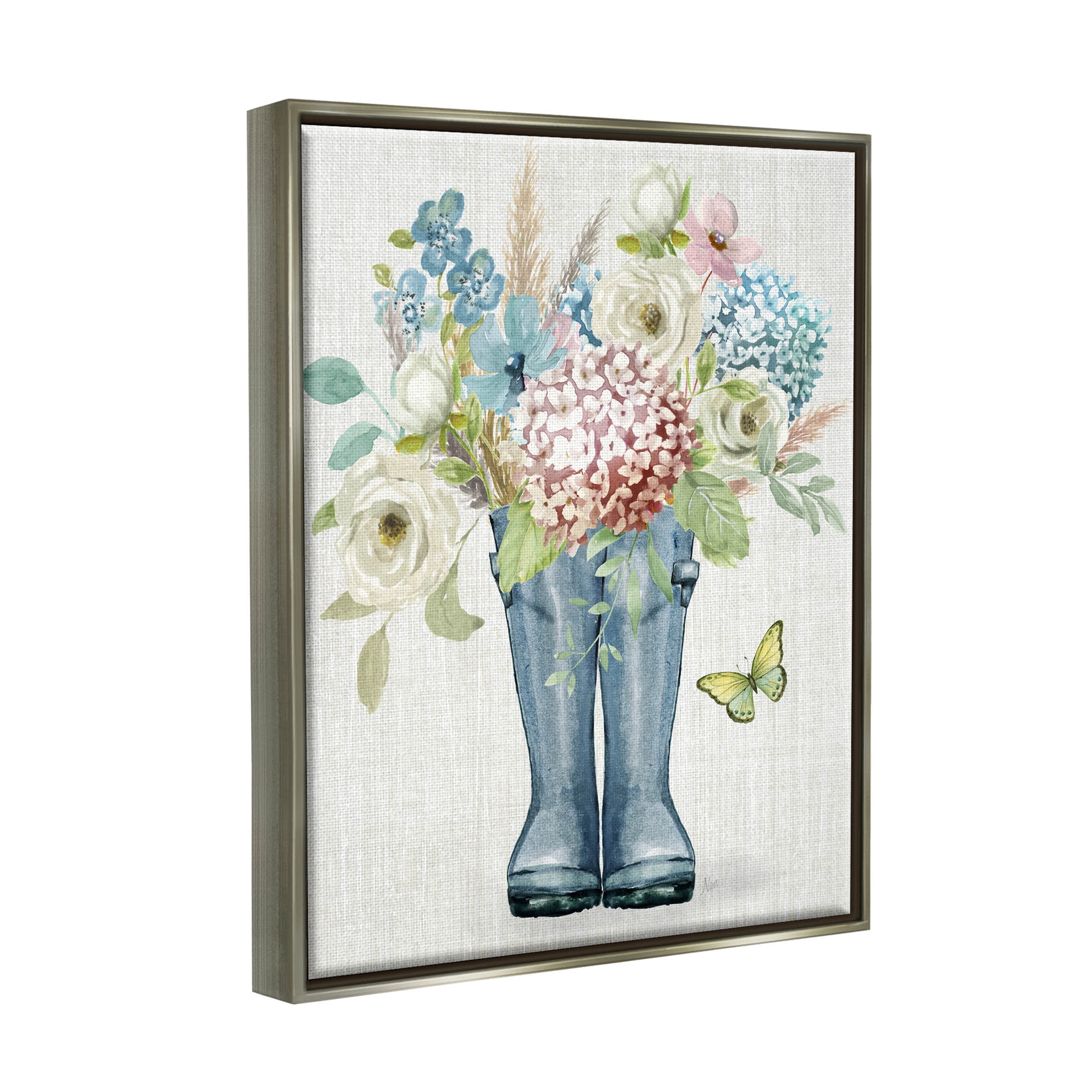 Rain Boots Flower Bouquet Botanical & Floral Graphic Art Luster Gray Framed Art Print Wall Art