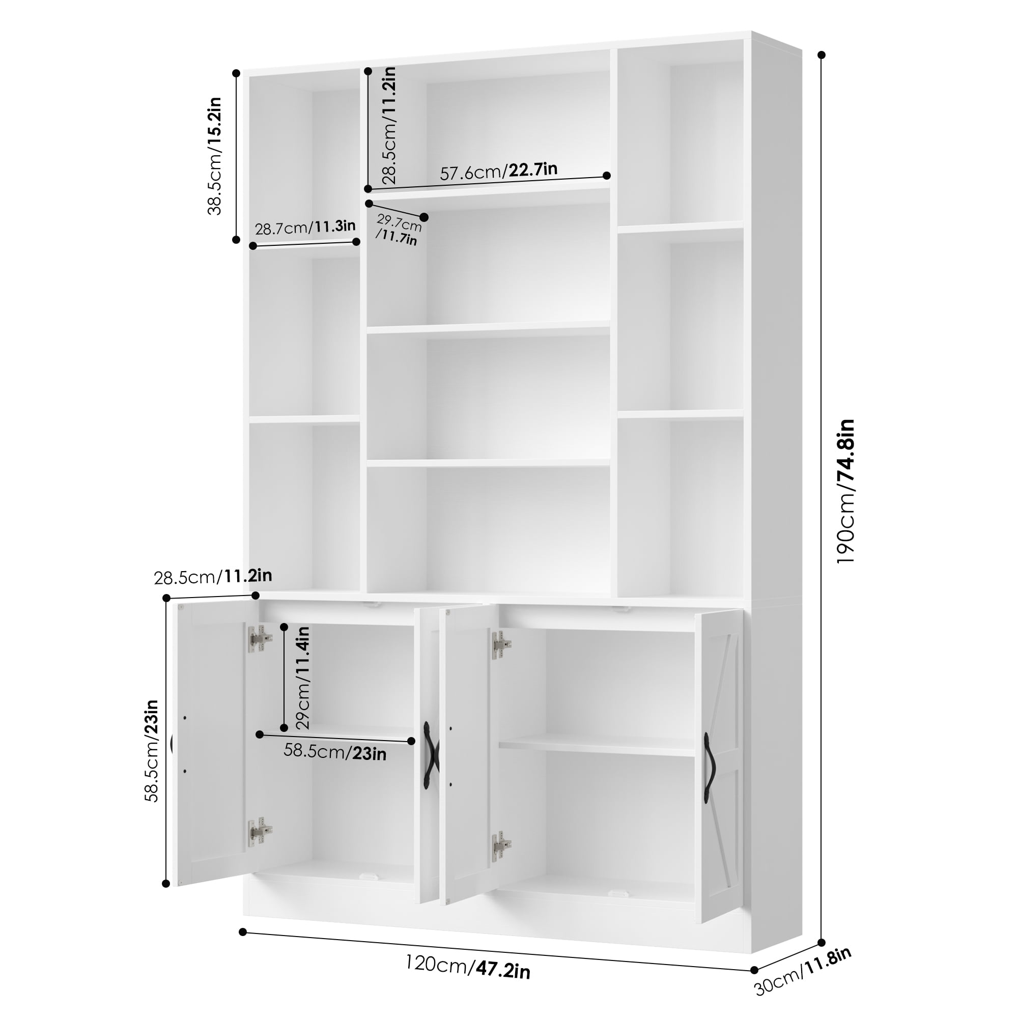 Hiphuta 75" Tall Modern Bookcases with 2 Double Door Cabinet, 47"Wide Wooden Storage Bookshelf for Living Room Home Office Entryway, White