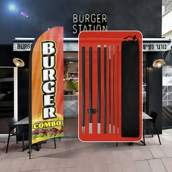 QSUM Burger Combo Feather Flag with Flag Pole Kit and Ground Spike, 8.2FT Burger Combo Windless Flag Banner Sign Business for Outdoor Advertising Sign Decoration Display