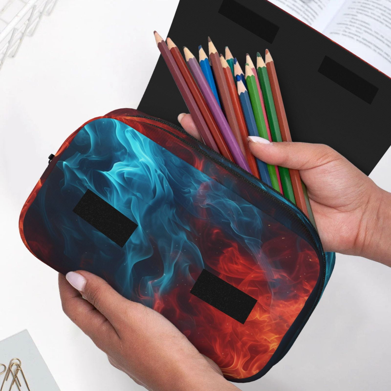Rateoe Red And Blue Fire Pattern Double Clamshell Pen Case, Storage Organizer with Two Zipper Compartments– Holds Up to 50 Pencils & Pens