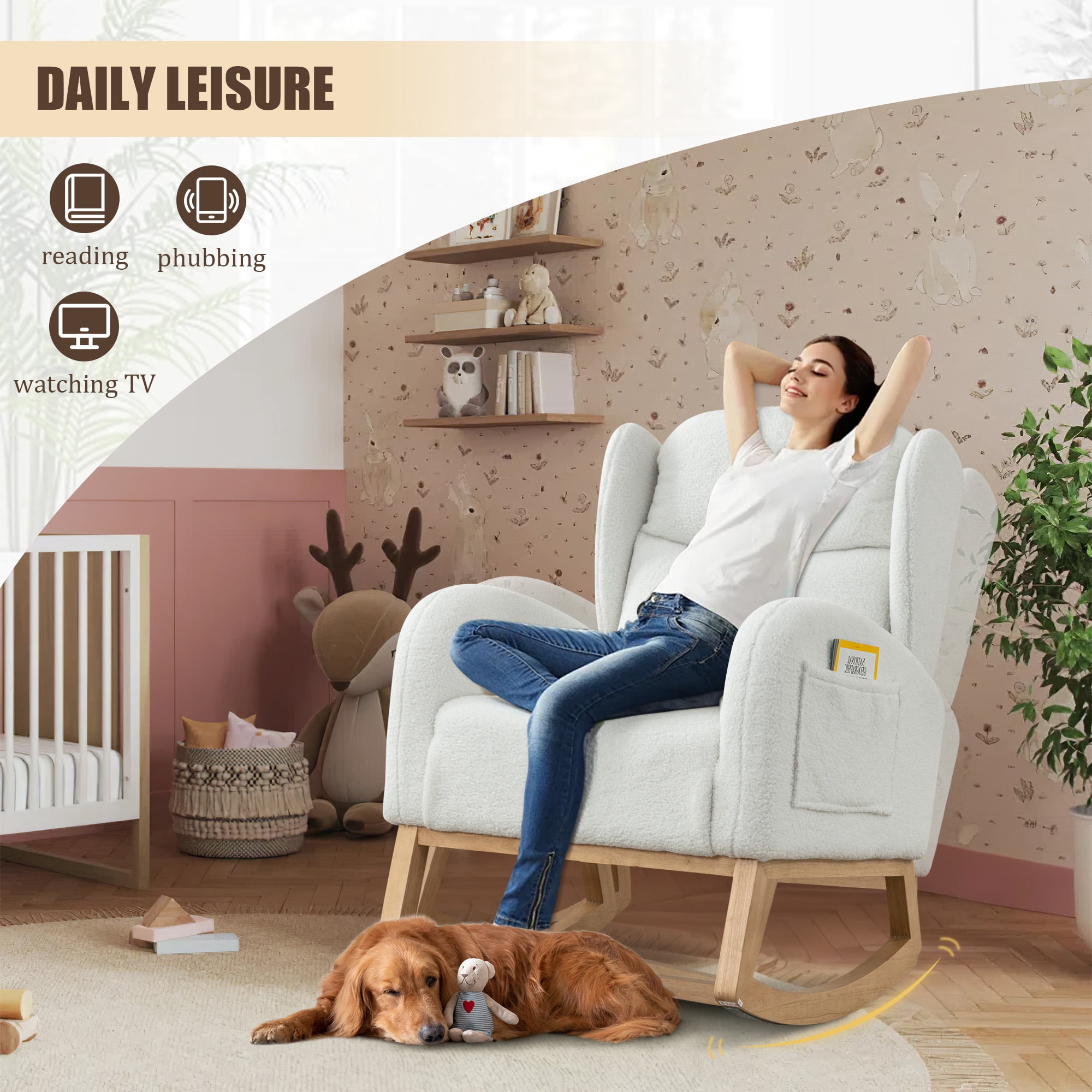 FFH Rocking Chair for Nursery, Teddy Glider Rocker, Reading Chair, Accent Chair, Ivory