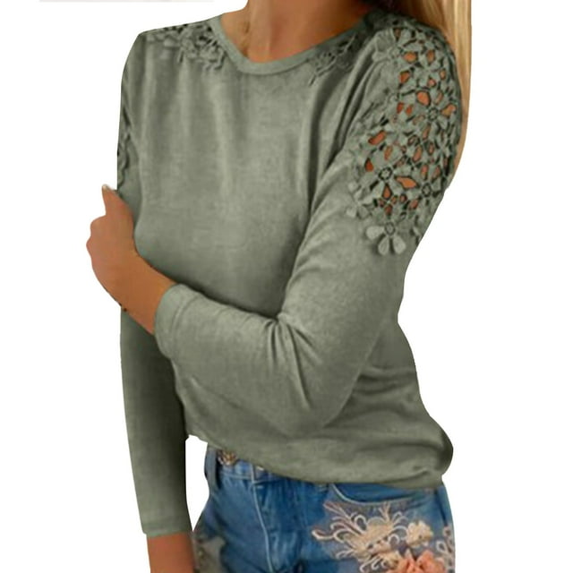 T-Shirt à Manches Longues pour Femmes Liquidation T-Shirt en Polyester pour Femmes T-Shirt à Col Rond pour Femmes Couleur Unie à Coutures Ajourées T-Shirt à Manches Longues