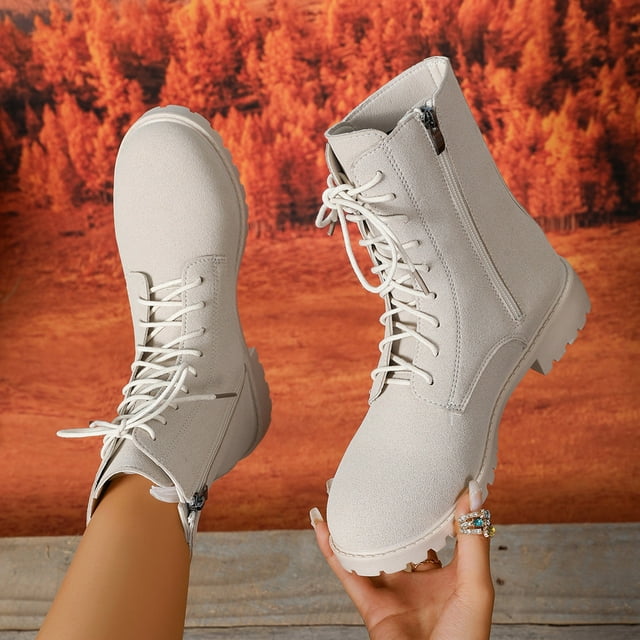 Fankiway Bottines à Bout Rond pour Femmes Talon Bas Fermeture Éclair Latérale Automne Hiver Mode Bottes Confortables Décontractées Blanches