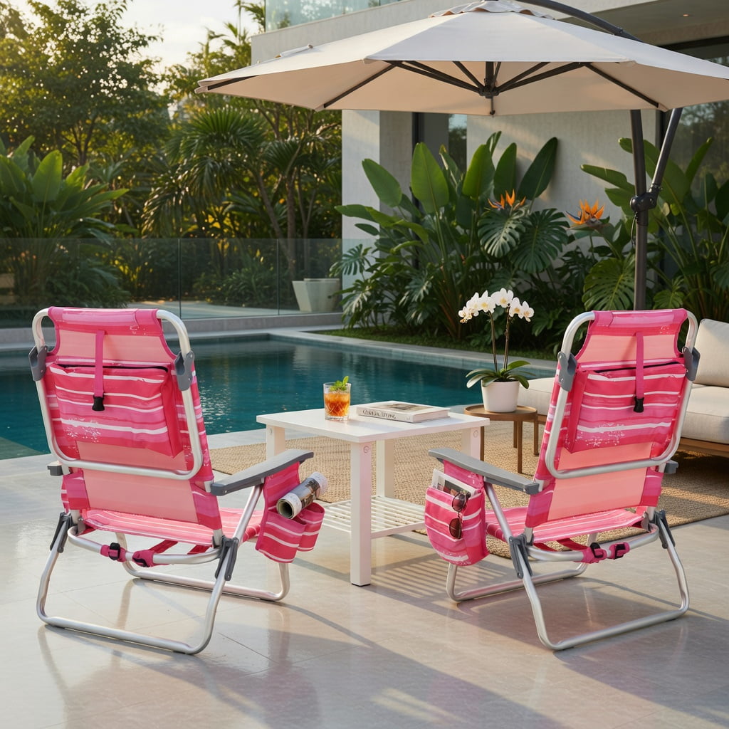 Hommoo 2-Pack Foldable Beach Chair with Adjustable Backrest, Head Pillow & Carry Bag, Hot Pink