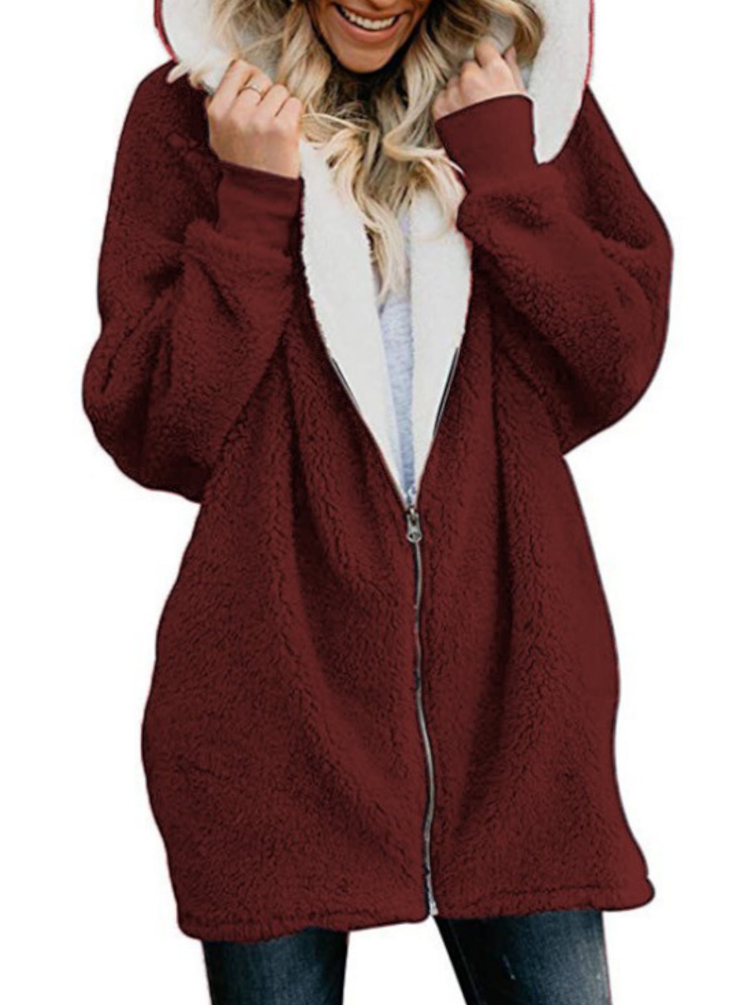 Full Zip Coat for Women Plus Size Plush Hooded Jacket Casual Color Block Long Sleeve Faux Fur Outerwear Winter Clothes 