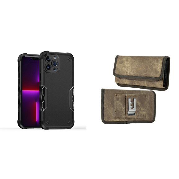 Case with Belt Holster Bundle for iPhone 14 Pro Max: Slim EX Hybrid Series Shockproof Case (Black) and Rugged Denim Nylon Phone Pouch (Tan Brown)
