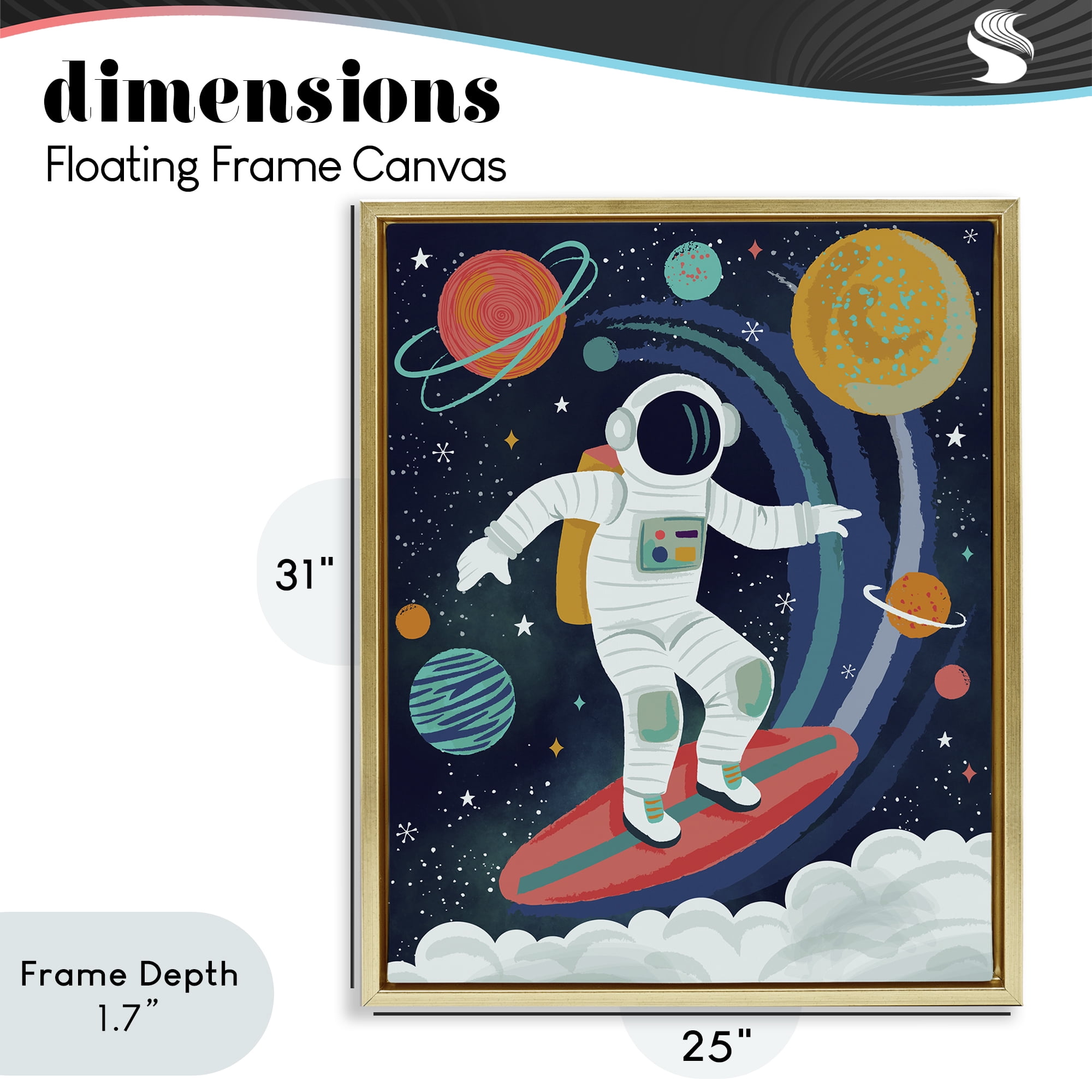 Stupell Industries Surfing Astronaut Beyond Space Gold Framed Floater Canvas Wall Art, design by Lisa Perry Whitebutton