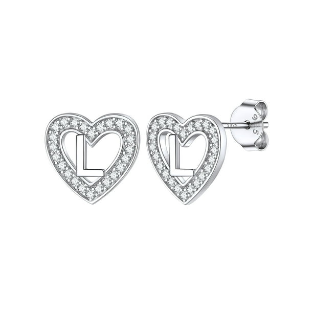 Pendientes de botón de corazón inicial Silvora para mujeres y niñas plata esterlina letra L con Zirconia cúbica