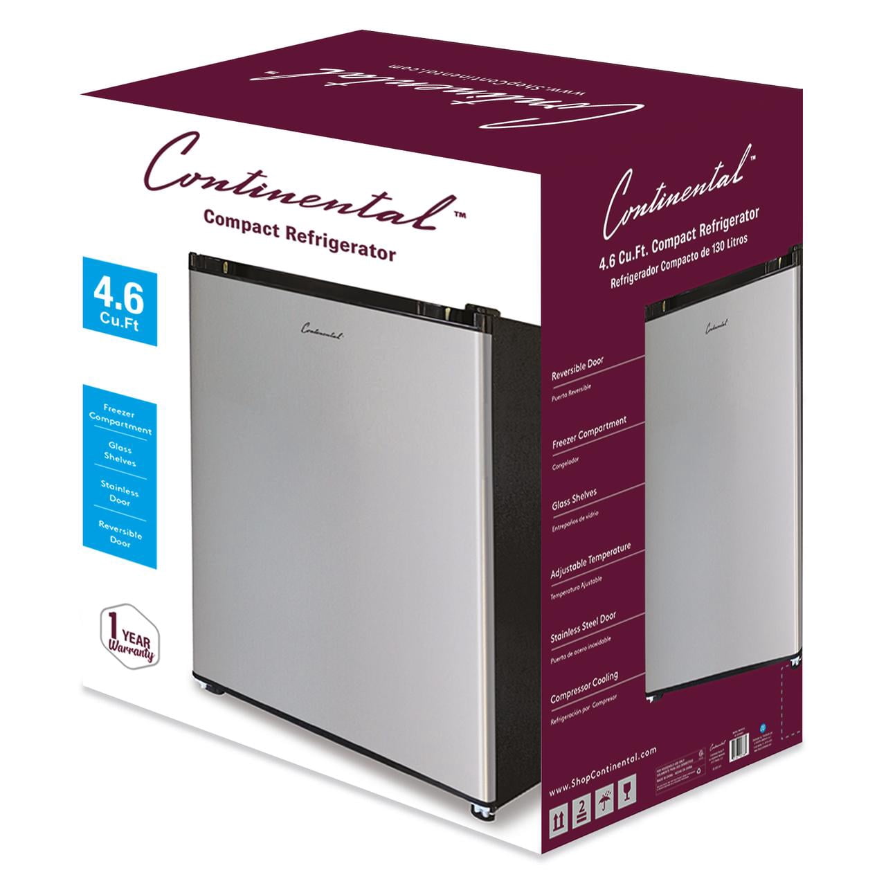 Continental Electric New 4.6 Cu ft Compact  One Door Refrigerator,  20.47 x 21.65 x 32.70 inches