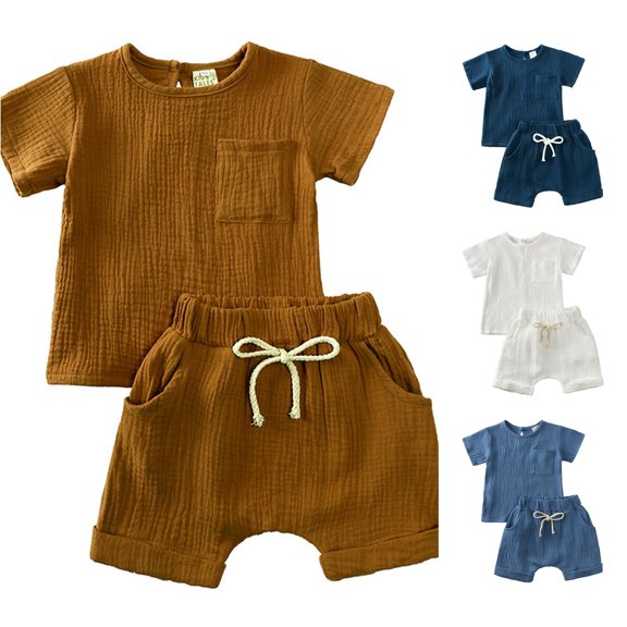 HCYSFG Boys Solid Color Outfit Sets 2 Piece Crewneck Short Sleeve Pocket T Shirt And Shorts Clothing Sets Side Pockets Matching Sets