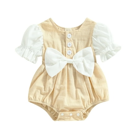 

0-18M Infant Baby Girl Puff Sleeve Big Bow Romper Cute Summer Casual One Piece Button Bodysuit