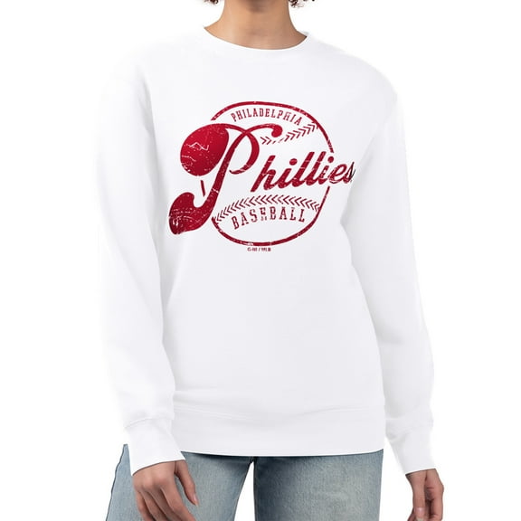 Women's G-III 4Her by Carl Banks White Philadelphia Phillies Distressed Baseball Team Fleece Pullover Sweatshirt