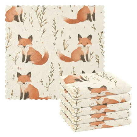 

6 Pieces of Kitchen Towels 11x11Inch Kitchen Dish Cloths Kitchen Dish Towels Reuseable Cleaning Cloths Little Fox Cartoon