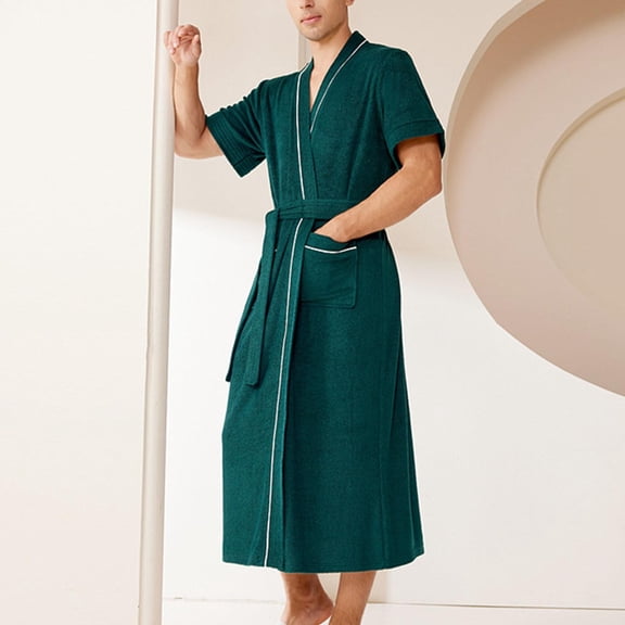 Frnrwgo Men's Absorbent Terry Robe Short Sleeve V Neck Tie Waist with Pocket Quick Dry Lightweight Bathrobe for Summer