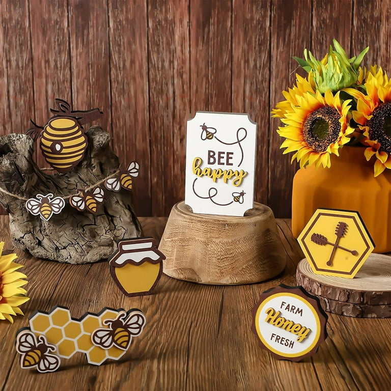 Hapeisy 7 PCS Farmhouse Honey Bee Tiered Tray Sign, MDF Bee Sign Kitchen  Table Decor, Wooden Honey Sign for Garden Party Decor, Bee Happy Kitchen