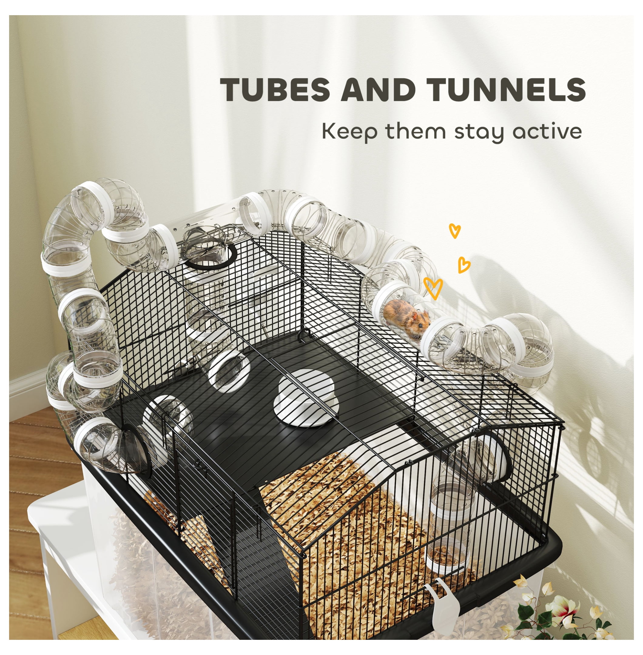 Hamster Cage 2 Tier with Tube System, 23x17x22", Deep Tray, Water Bottle, Ramp, Black