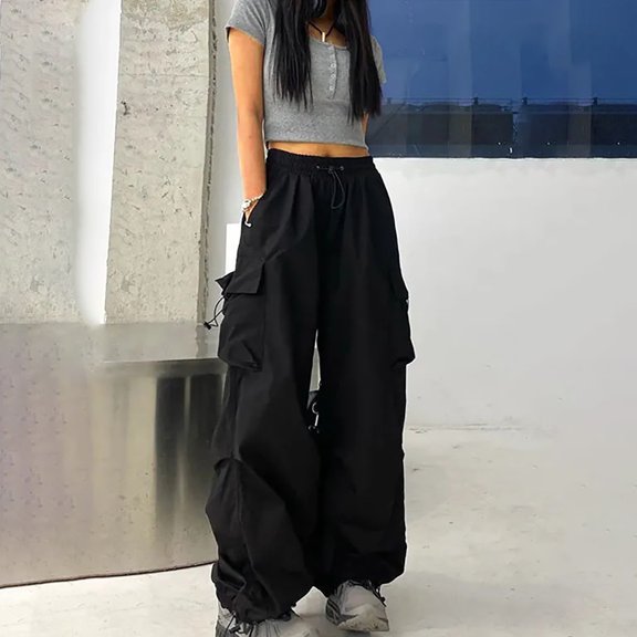 Frostluinai Parachute Pants for Women Baggy Fit Cargo Pants Elastic Waisted Drawstring Wide Leg Trousers Plus Size Solid Streetwear Pants with Pockets