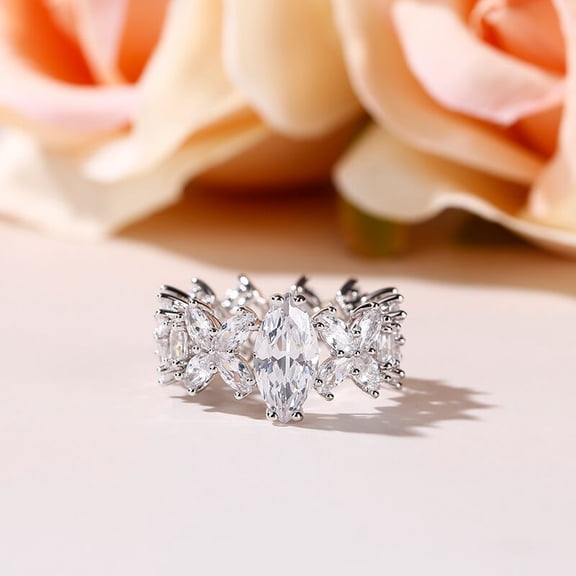 Eclet Jewels Silver 14K White Gold Plated Ring - 1.5 Ct Lab Created Diamond Marquise Cut Engagement Ring - Prong Set Wedding Ring for Women's - Luxuries Multi-Stone Engagement Ring for Girls