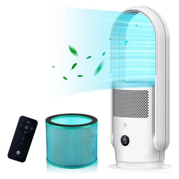 ULTTY Bladeless Tower Fan and Air Purifier, 90° Oscillating Tower Fan with HEPA Filter 99.97%, , Touch, 8H Timer, 9 Speeds, Powerful Floor Fan for Bedroom Room Home Office, White