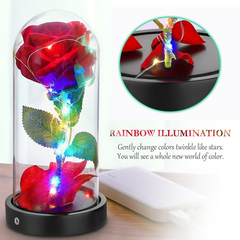 LED with On In String USB & Light Rosnek Forever Rose Flower Powered Dome Base, Gift Rose Night Battery Wooden Decorative Glass Light Galaxy Artificial