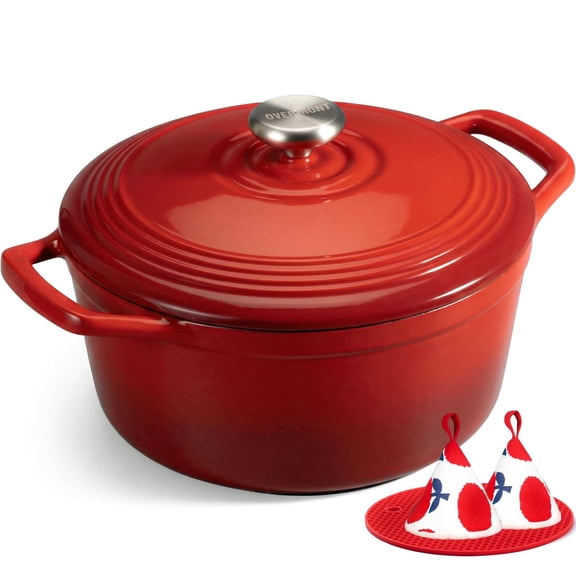Overmont 5.5QT Enameled Cast Iron Dutch Oven with Lid Cookbook Heavy-Duty Casserole with Dual handles for Braising, Stews, Roasting, Bread Baking