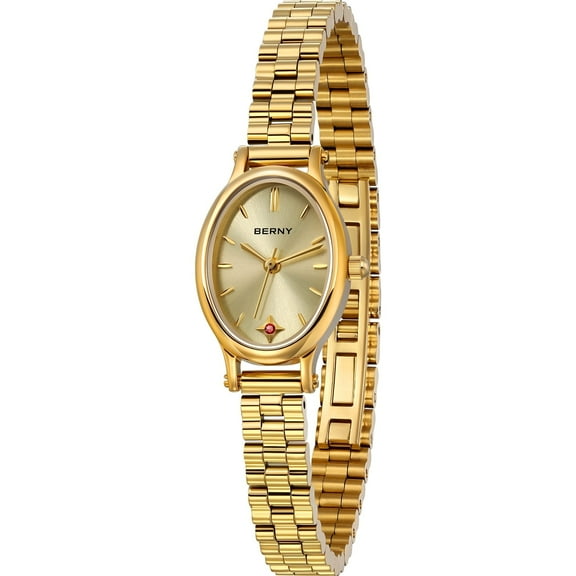BERNY Small Gold Watches for Women, Dainty Luxury Oval Sunray Dial, Stainless Steel Bracelet Watch, Adjustment Tool Included, Waterproof, Fashion Ladies Analog Quartz Wrist Watch Gifts (Gold)