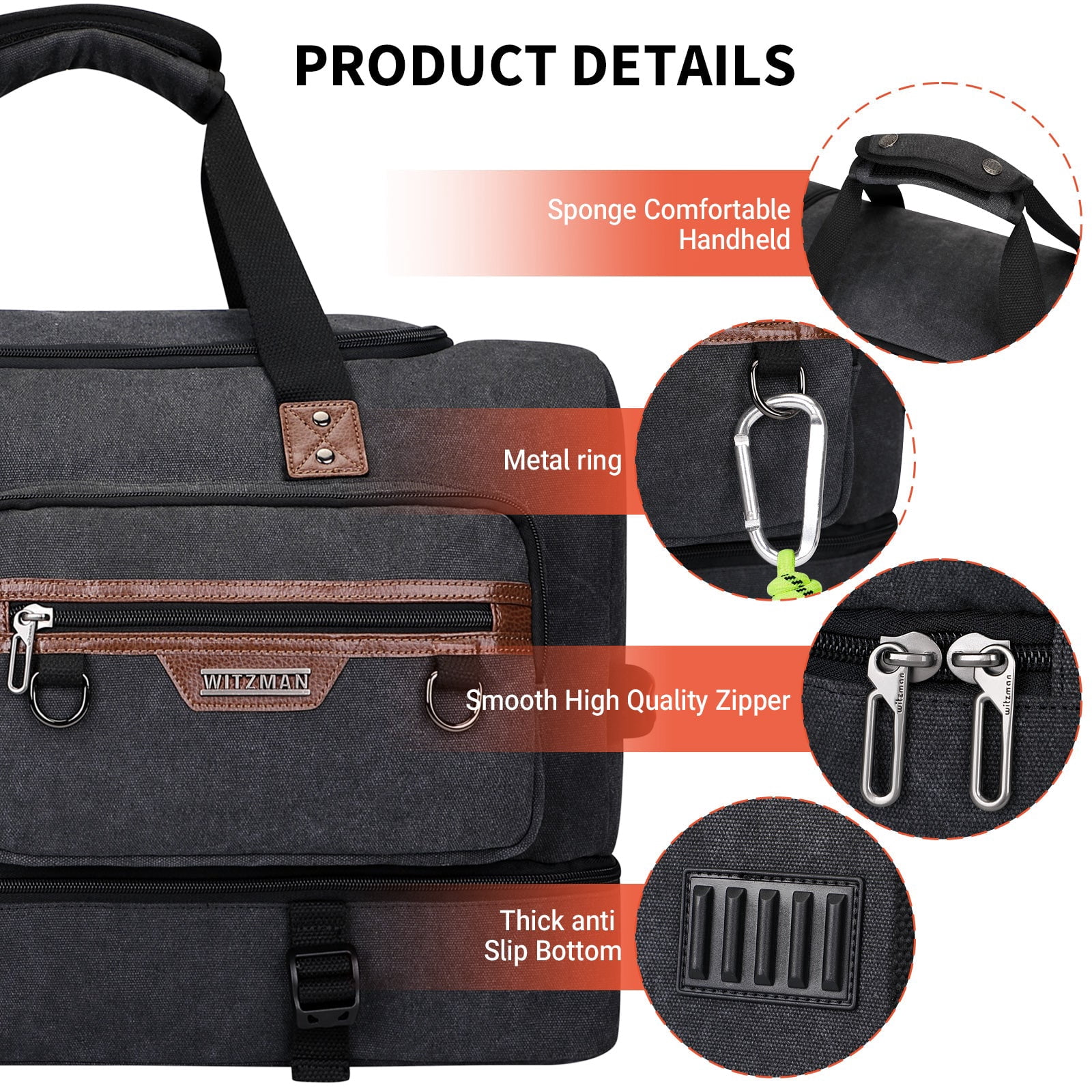 WITZMAN Canvas Weekender Bag Mens Overnight Bag for Traveling Carry on Duffle Bags with Shoes Compartment(A8010 Black)