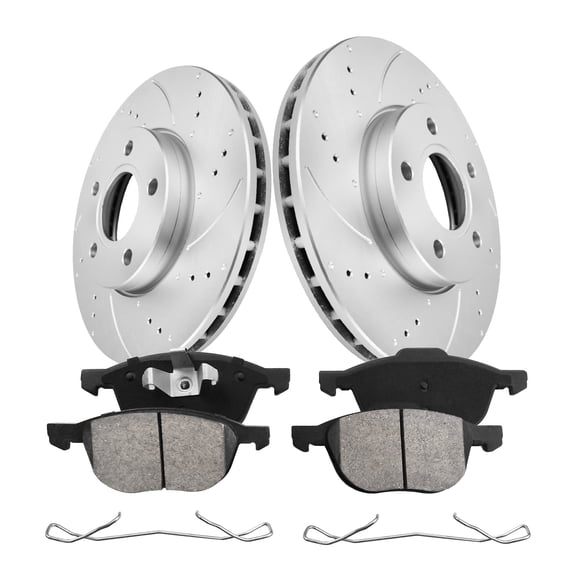 Gaiasurge Front Brake Kit For 2012-2018 Ford Focus Electric, S, SE, SEL, Titanium Drilled & Slotted Disc Brake Rotors Ceramic Brakes Pads 2013 2014 2015 2016 2017 Geomet Replacement : 10.94" inch