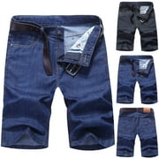 LENAGO Men's Loose Shorts Jeans Zipper Elastic Slim Casual Denim Shorts Play Wrap Ripped Mid-length Pants Cargo Pocket Pants for Men Blue