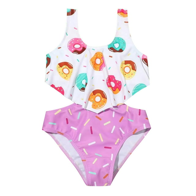 Aayomet Little Child Girls Cute Cartoon Pattern Swimsuit Onesie Ruffle Bathing Suit Girls Swimwear Bathing (Purple, 4 Years)