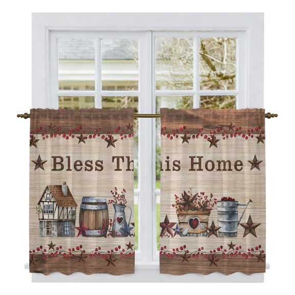 Farmhouse Tier Curtains, Brown Country Star Berry Vintage Wood Grain Light Filtering Kitchen Curtains, 2Pcs Rod Pocket Half Window Treatments Panels for Sink Cafe Cabinet Basement 27.5x45 Inches